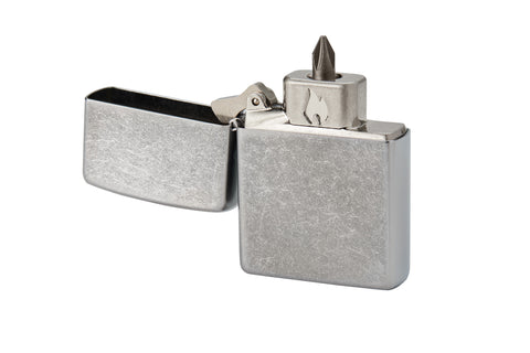 ˫ Bit Safe 4-in-1 Screwdriver Lighter Insert seen inside the lighter case.